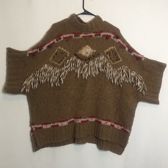 Free People Brown Fringe Oversized Poncho Sweater XS - Picture 7 of 16